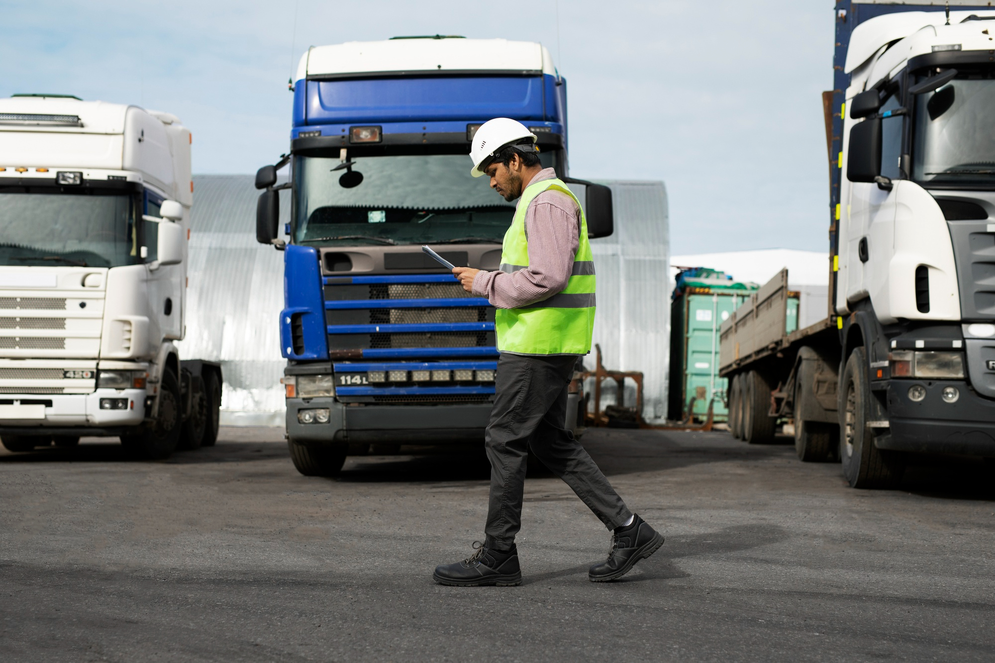 full-shot-man-walking-by-trucks-fleet